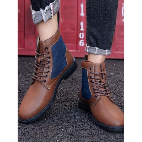 Patchwork Lace Up Combat Boots