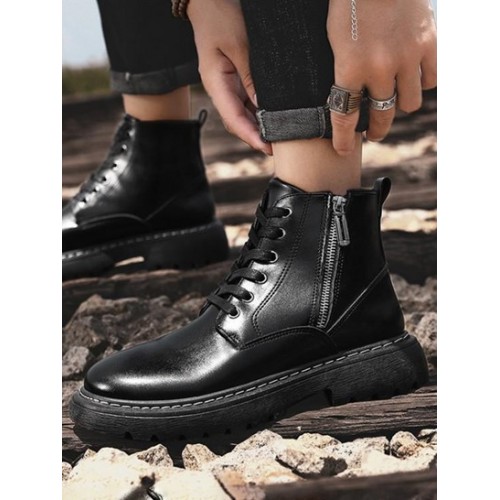 PU Lace Up Design Side Zipper Contrast Stitching Combat Boots