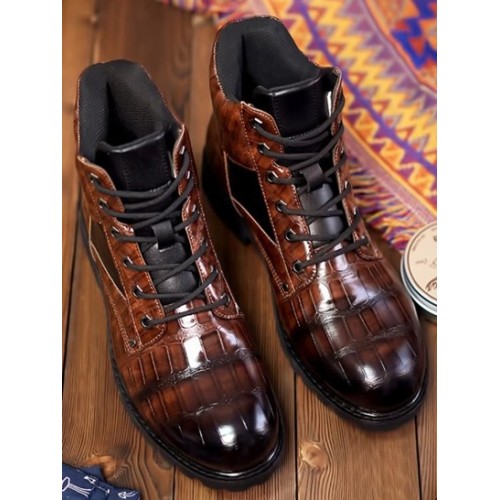 Embossed PU Lace Up Boots