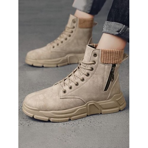 Pair Of Lace Up PU Zip Decor Ankle Boots