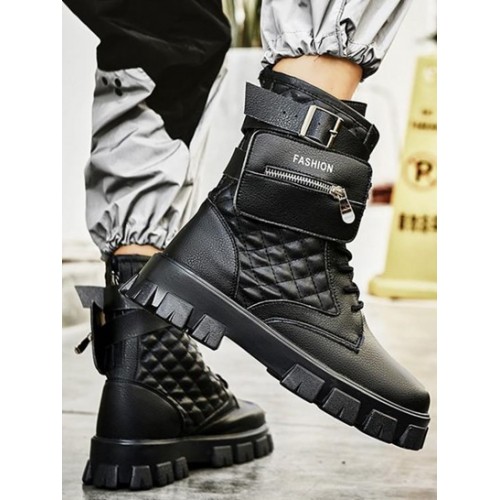 High-top Retro Zip Pocket Design Quilted Boots