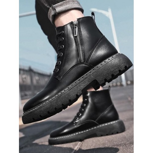 PU Lace Up Design Side Zipper Contrast Stitching Combat Boots