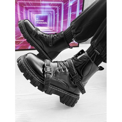 Buckle Lace Up Contrast Stitching Combat Boots