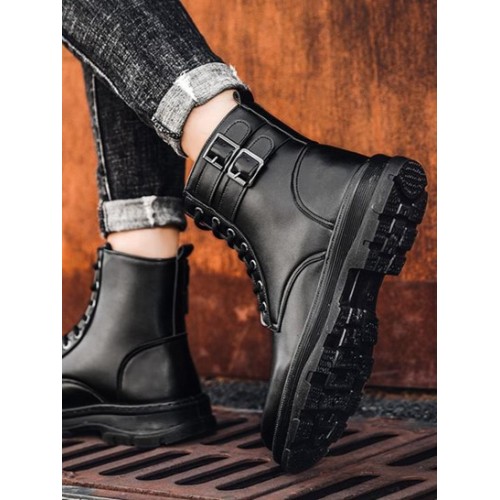 Buckle Decor Lace Up Combat Boots